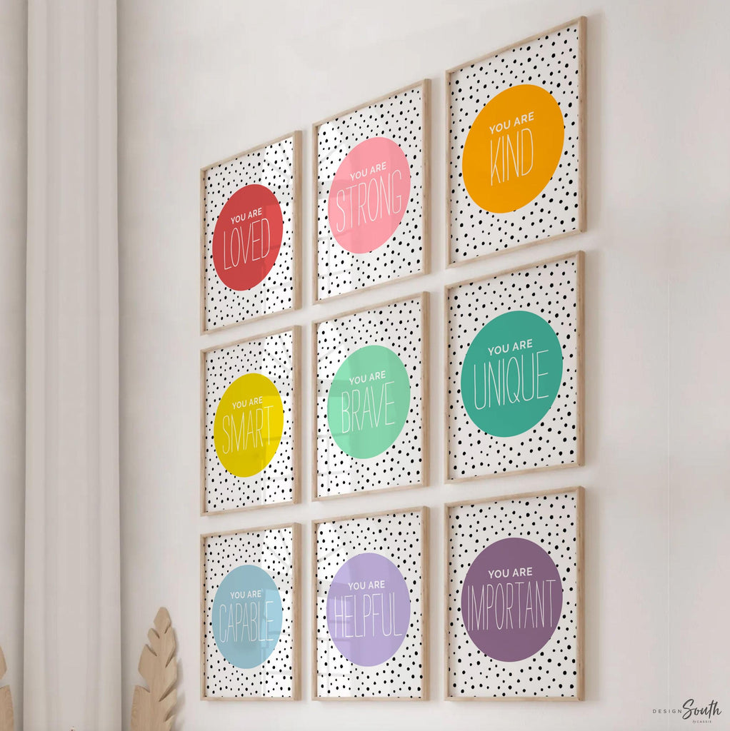 Positive affirmation art children, wall art kids colorful prints, rainbow colored room decor, children playroom ideas, you are affirmations