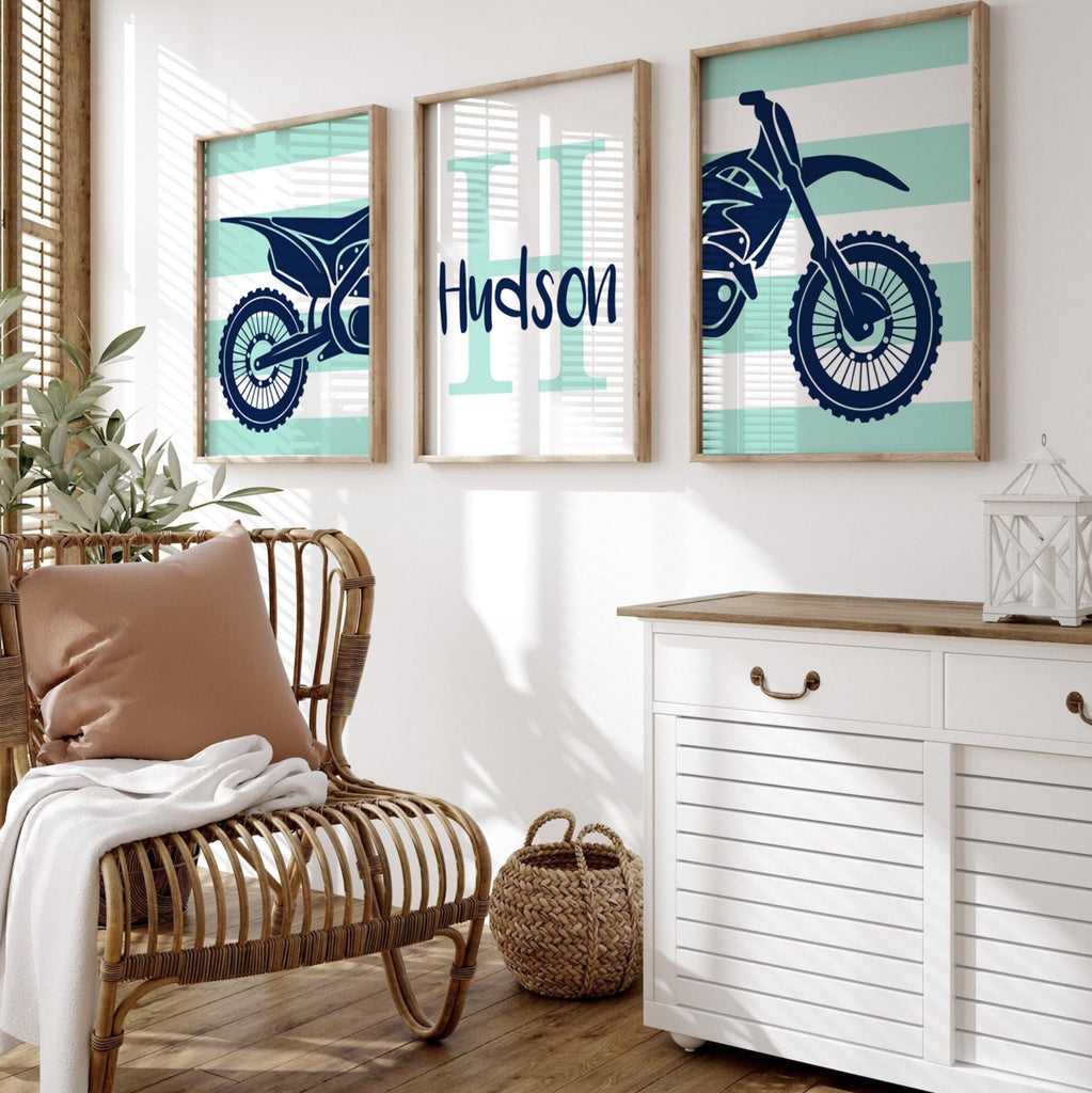 Dirt bike room decorating ideas, customized name motocross dirt bike wall art boys room, dirt bike theme bedroom playroom nursery, boys gift