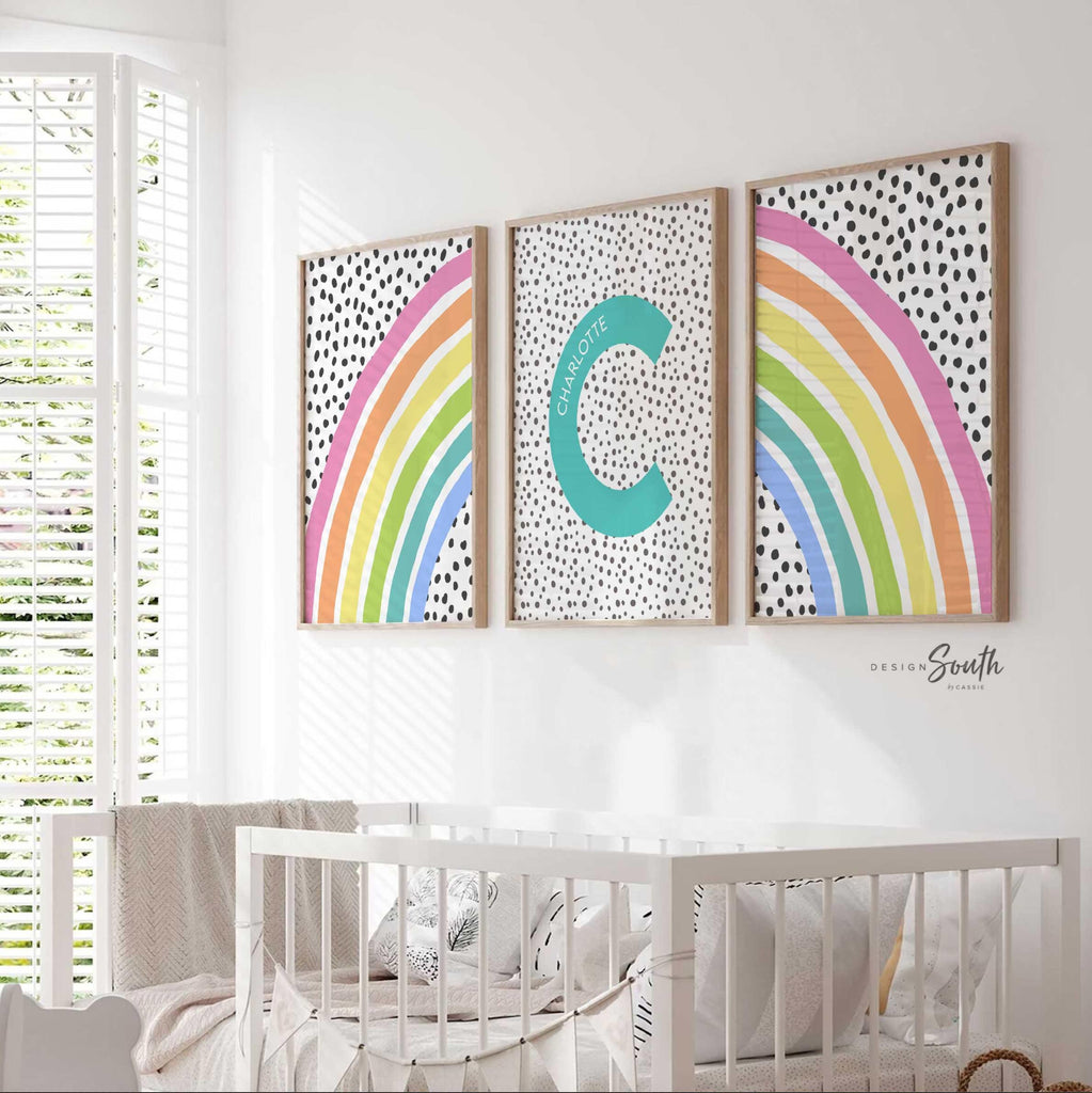 Pastel rainbow art print featuring a personalized name design, perfect for a little girl&#39;s room or baby nursery. This soft and colorful decor adds a whimsical and cheerful touch to any pastel rainbow-themed space. Ideal for baby showers, birthdays, or new arrivals, the gentle rainbow tones create a calming and joyful atmosphere. A sweet and thoughtful accent for a nursery or child’s bedroom with a pastel rainbow decor theme.