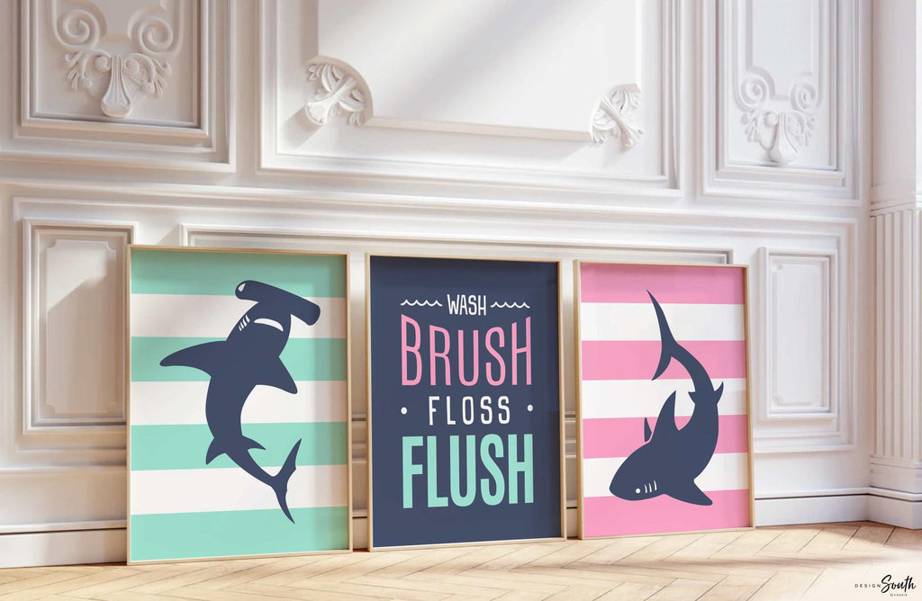 Bathroom for son and daughter, bathroom decor for boy and girl, wall art children&#39;s bathroom, kids bathroom art, wash brush flush, twin art