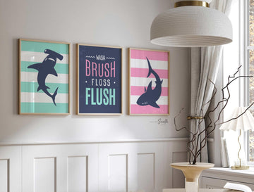 Bathroom for son and daughter, bathroom decor for boy and girl, wall art children&#39;s bathroom, kids bathroom art, wash brush flush, twin art