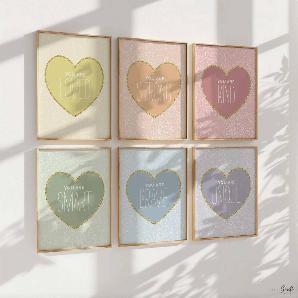 Pastel rainbow heart theme girl, hearts gold sparkles pastel colors inspirational art, little girl room heart theme, pastel affirmation art