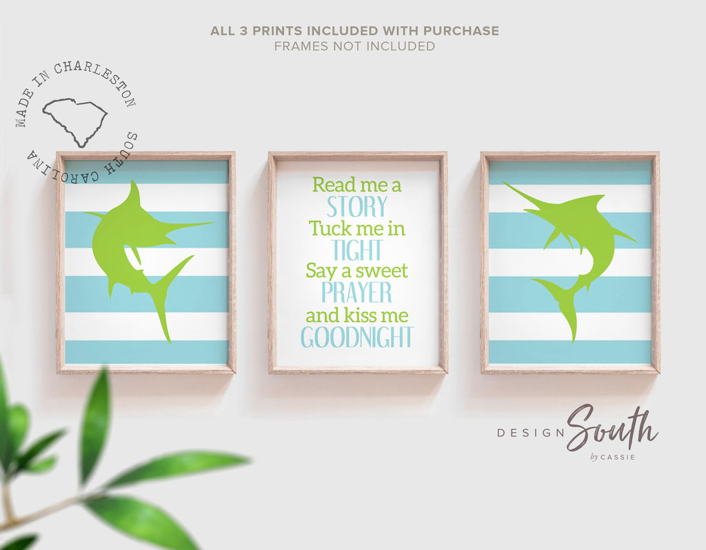 Boys nursery decor featuring lime green fish and deep sea fishing theme, including marlin art prints. Perfect for a fishing-themed nursery or as a unique fishing baby gift.