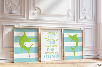 Boys nursery decor featuring lime green fish and deep sea fishing theme, including marlin art prints. Perfect for a fishing-themed nursery or as a unique fishing baby gift.