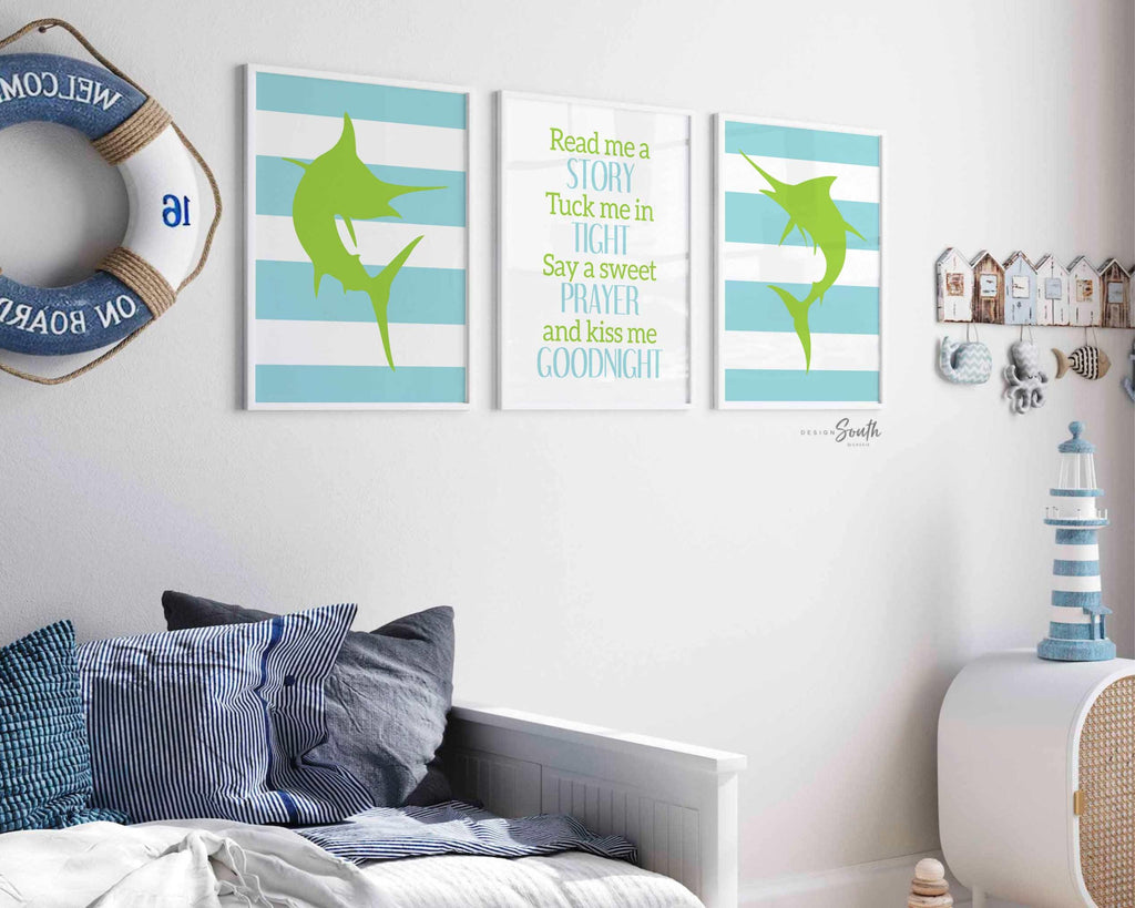 Boys nursery decor featuring lime green fish and deep sea fishing theme, including marlin art prints. Perfect for a fishing-themed nursery or as a unique fishing baby gift.