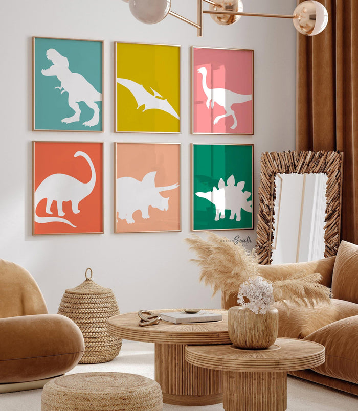 Dinosaur posters for kids, dinosaur posters for toddlers, wall art for children dinosaur themed, types of dinosaurs art set, retro dinosaurs