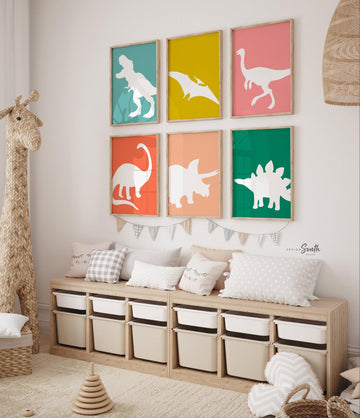 Dinosaur posters for kids and toddlers featuring a playful, retro-themed design. This wall art set includes different types of dinosaurs, perfect for a children&#39;s bedroom, playroom, or nursery. Vibrant colors and fun illustrations create an educational and decorative touch for any dinosaur-themed space. Ideal gift idea for dino-loving toddlers, helping spark their imagination and love for prehistoric creatures.