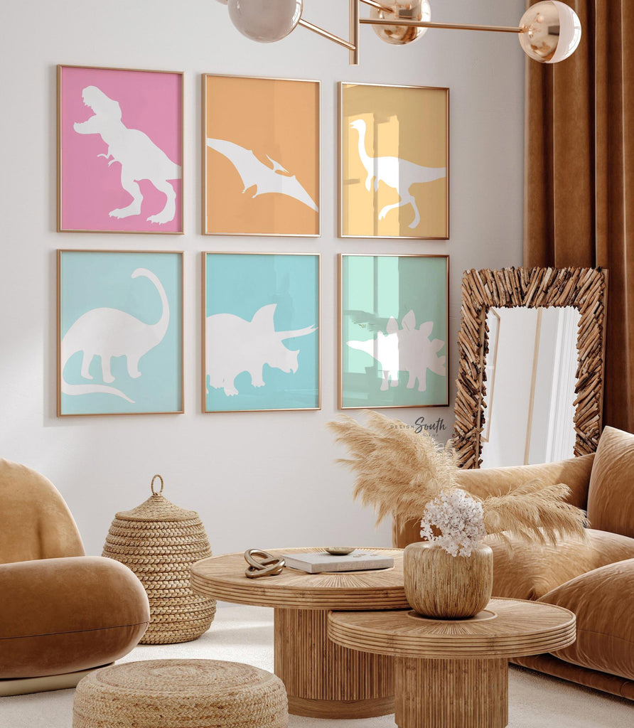 Pastel dinosaur wall art perfect for kids&#39; rooms, nurseries, or as a party gift. Features colorful, girl-friendly dinosaurs in shades of pink, teal, and soft pastels, adding a whimsical, playful touch to a dinosaur-themed space. Ideal for decorating a nursery, bedroom, or playroom, this pastel dinosaur decor brings a fun and stylish twist to traditional dinosaur art, making it a great gift or accent for any dino-loving little one.