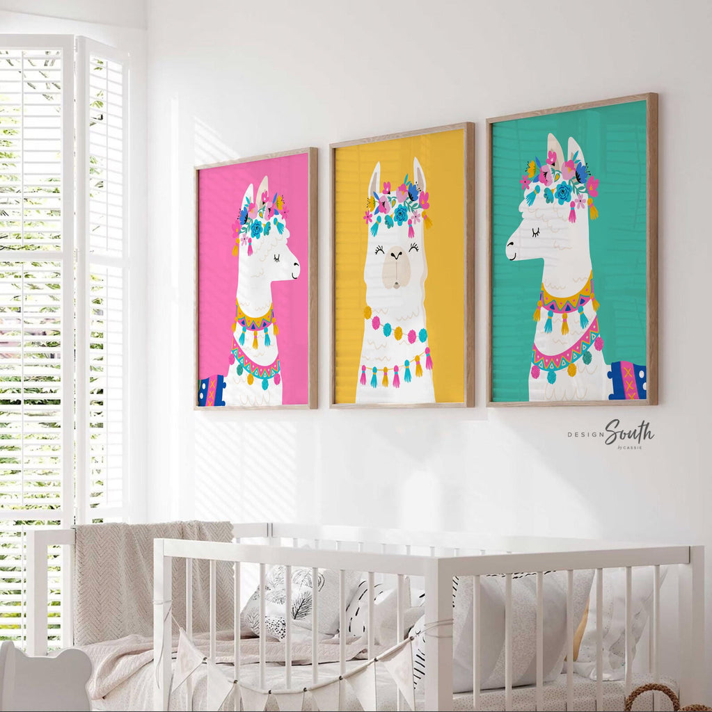 Pink yellow teal girls room decor, llama baby girl theme wall art, colorful pastel room, playroom wall art little girl toddler, pink teal