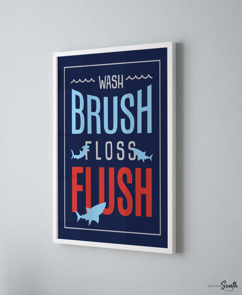 Shark bathroom decor, wash, brush, floss, flush, bathroom print, shark theme bathroom, boys bathroom print, blue and red, bathroom decor