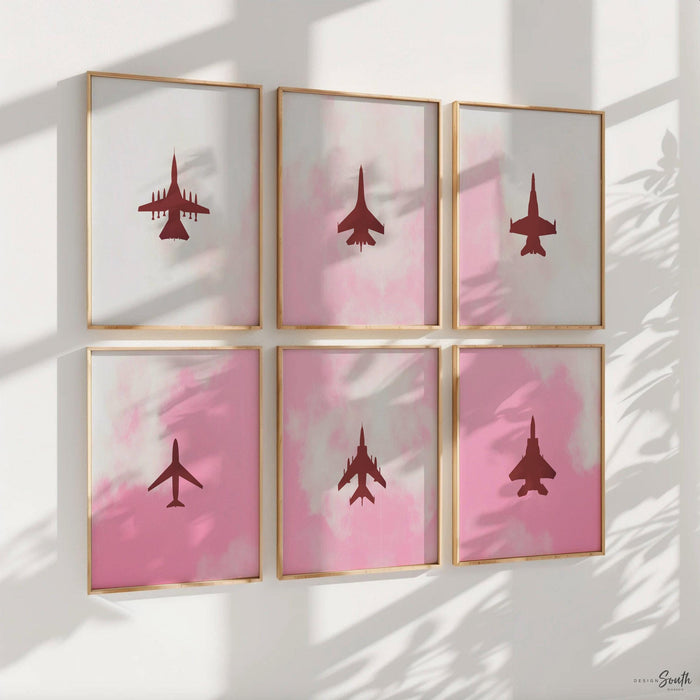 Set of 6 pink airplane art prints for girls, baby or toddler nursery, edgy aviation decor, fighter jet silhouette wall art, unique room art