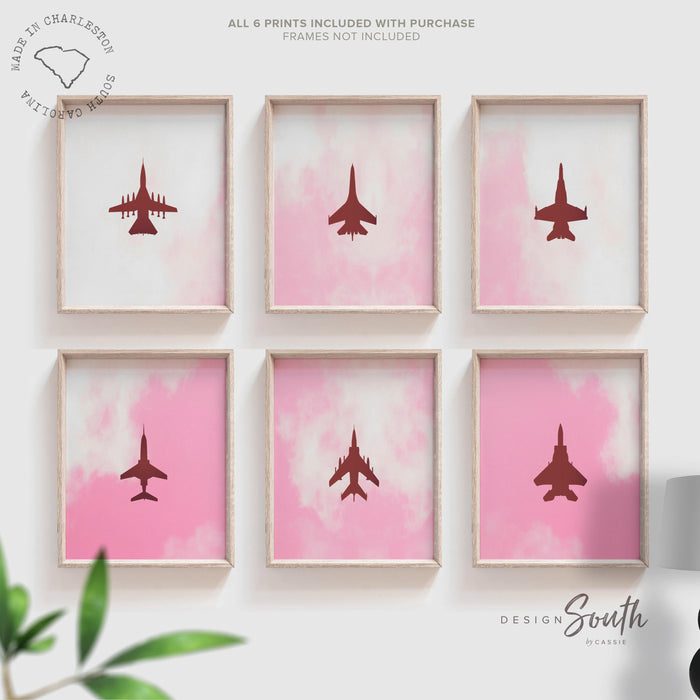 Set of 6 pink airplane art prints for girls, baby or toddler nursery, edgy aviation decor, fighter jet silhouette wall art, unique room art