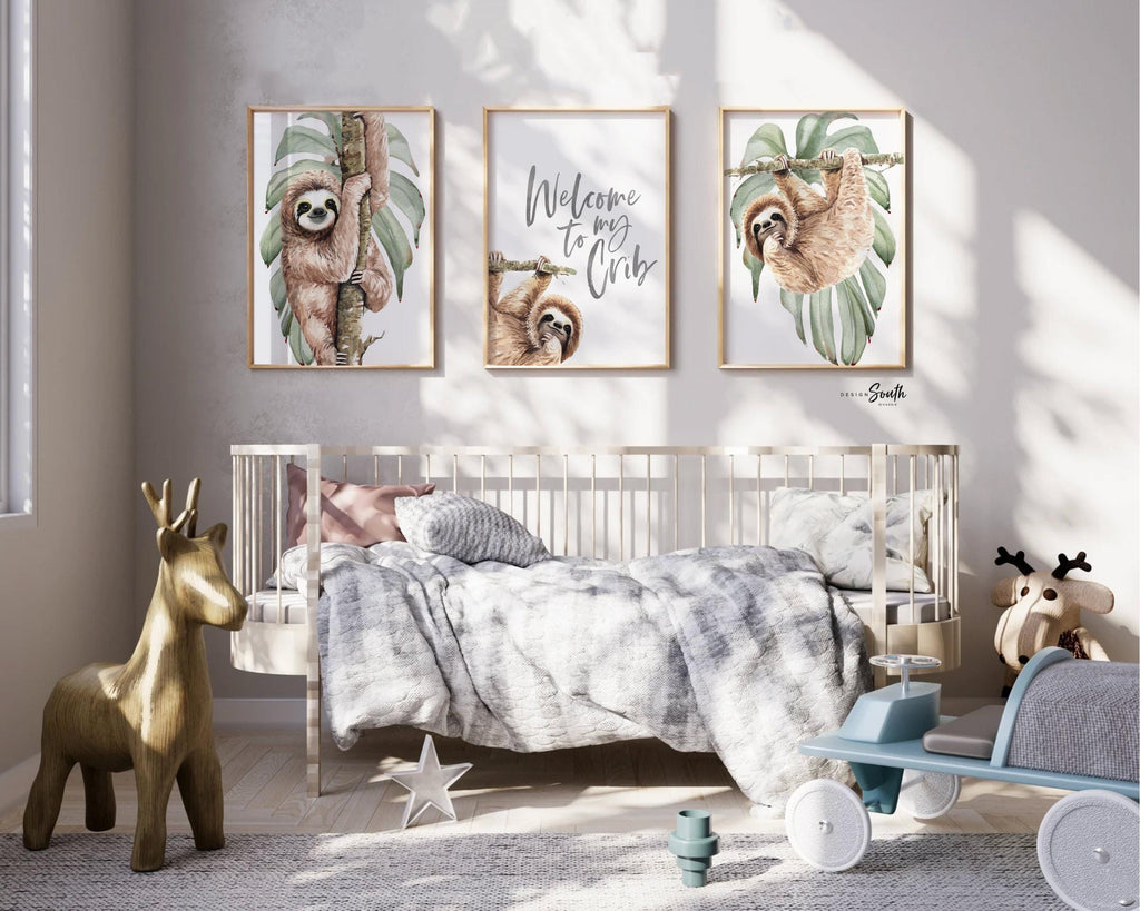 Sloth wall art set featuring adorable sloths, perfect for a sloth-themed baby nursery or toddler’s room. Includes tropical rainforest-inspired decor with green and gray neutral tones. Great for creating a relaxing, whimsical space. Ideal for newborns, infants, and toddlers, this sloth nursery art set complements modern baby room decor and brings a playful, cozy vibe. Perfect baby shower gift for animal lovers and jungle-themed nurseries.