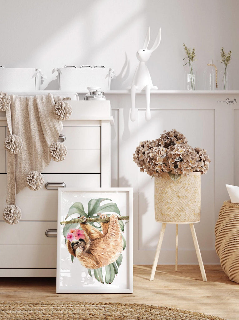 Girl sloth wall art set, sloth themed baby girl nursery, sloth nursery ideas for girl, personalized girl&#39;s name sloth tropical room decor