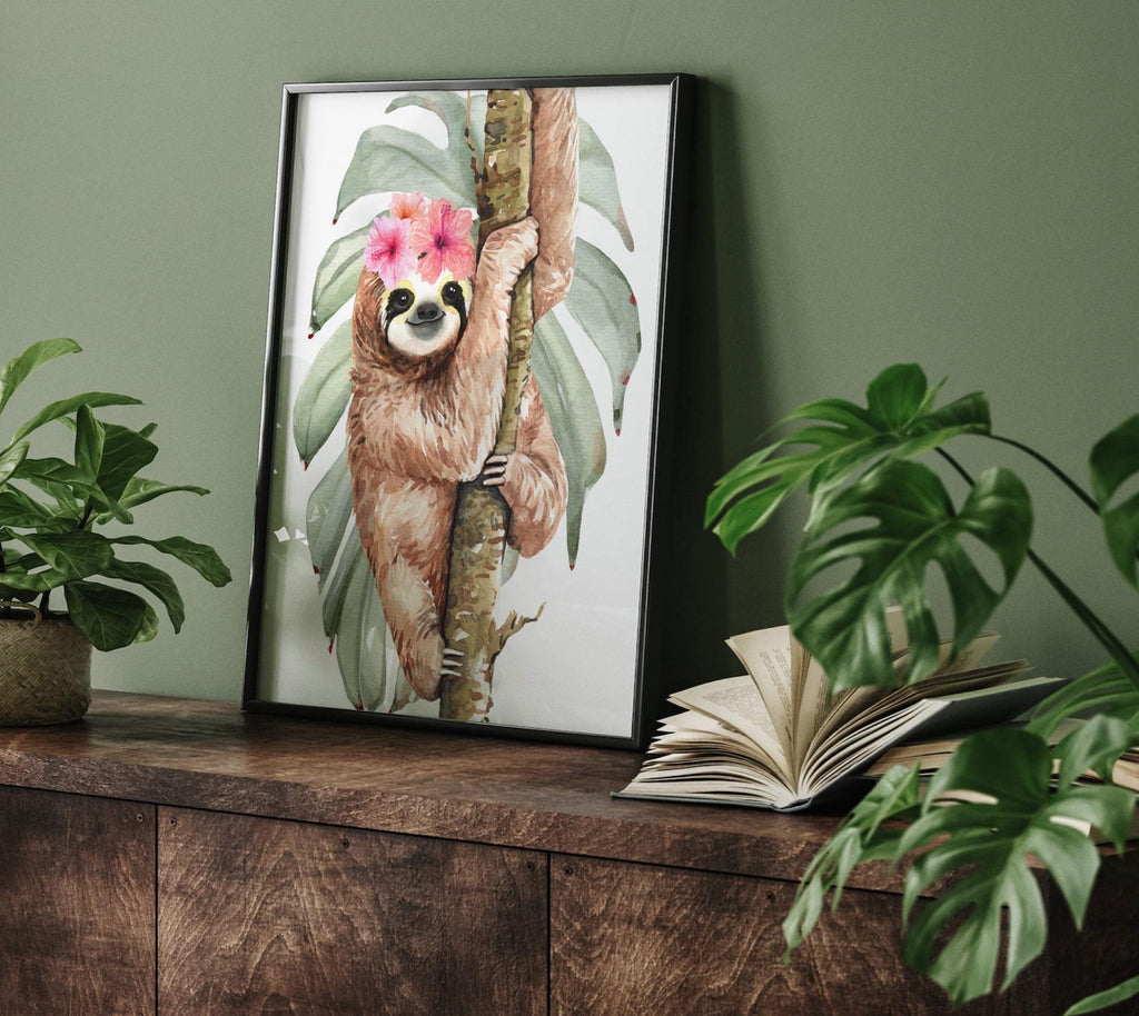 Girl sloth wall art set, sloth themed baby girl nursery, sloth nursery ideas for girl, personalized girl's name sloth tropical room decor