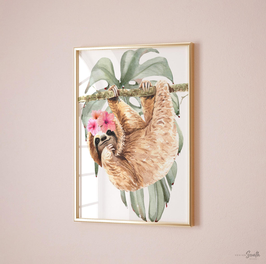 Girl sloth wall art set, sloth themed baby girl nursery, sloth nursery ideas for girl, personalized girl's name sloth tropical room decor