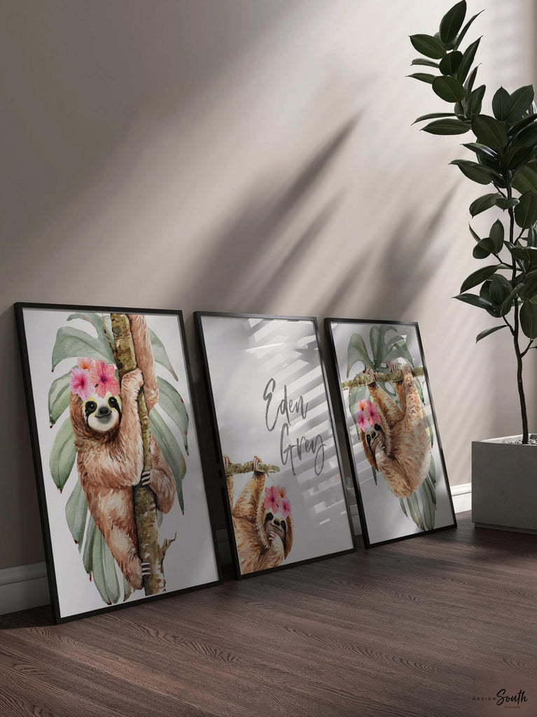 Girl sloth wall art set featuring charming sloth designs, perfect for a baby girl&#39;s nursery. This personalized sloth-themed art adds a playful and tropical touch to any girl&#39;s room decor. Ideal for creating a fun and cozy space with jungle-inspired sloth illustrations. Great for sloth nursery ideas for girls, this wall art can be customized with the girl&#39;s name for a unique and personal feel. Perfect for baby showers, birthdays, or new nursery decorations.