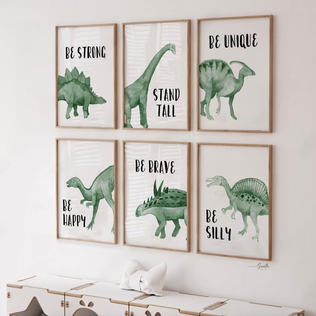 Add a touch of adventure to your little one&#39;s room with this boys&#39; blue watercolor dinosaur bedroom art. Perfect for dinosaur-themed big boy rooms, this blue and green dinosaur wall decor brings a playful yet calming vibe. Inspirational quotes add motivation and positivity to the space, making it ideal for toddler boy bedrooms or nurseries. This charming wall art creates a fun, imaginative environment, perfect for sparking curiosity and wonder in young dinosaur lovers.