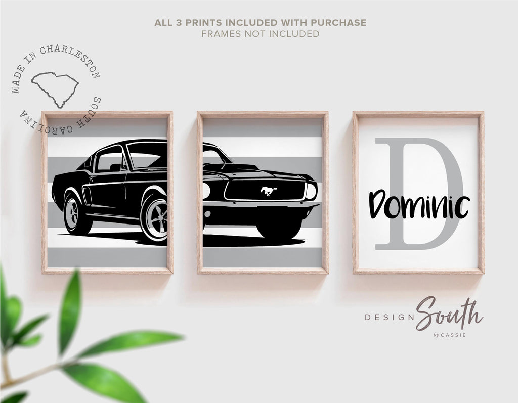 Ford Shelby Mustang 1967 wall art print set perfect for a baby or child’s room. Personalized with your child&#39;s name, this classic muscle car decor brings a vintage automotive vibe to a boy’s nursery or kid’s room. Featuring the iconic Shelby Mustang, the set of three prints adds a stylish and timeless touch to any young car enthusiast’s space. Ideal for boys&#39; room wall art or as a unique, thoughtful gift for birthdays, baby showers, or new parents.