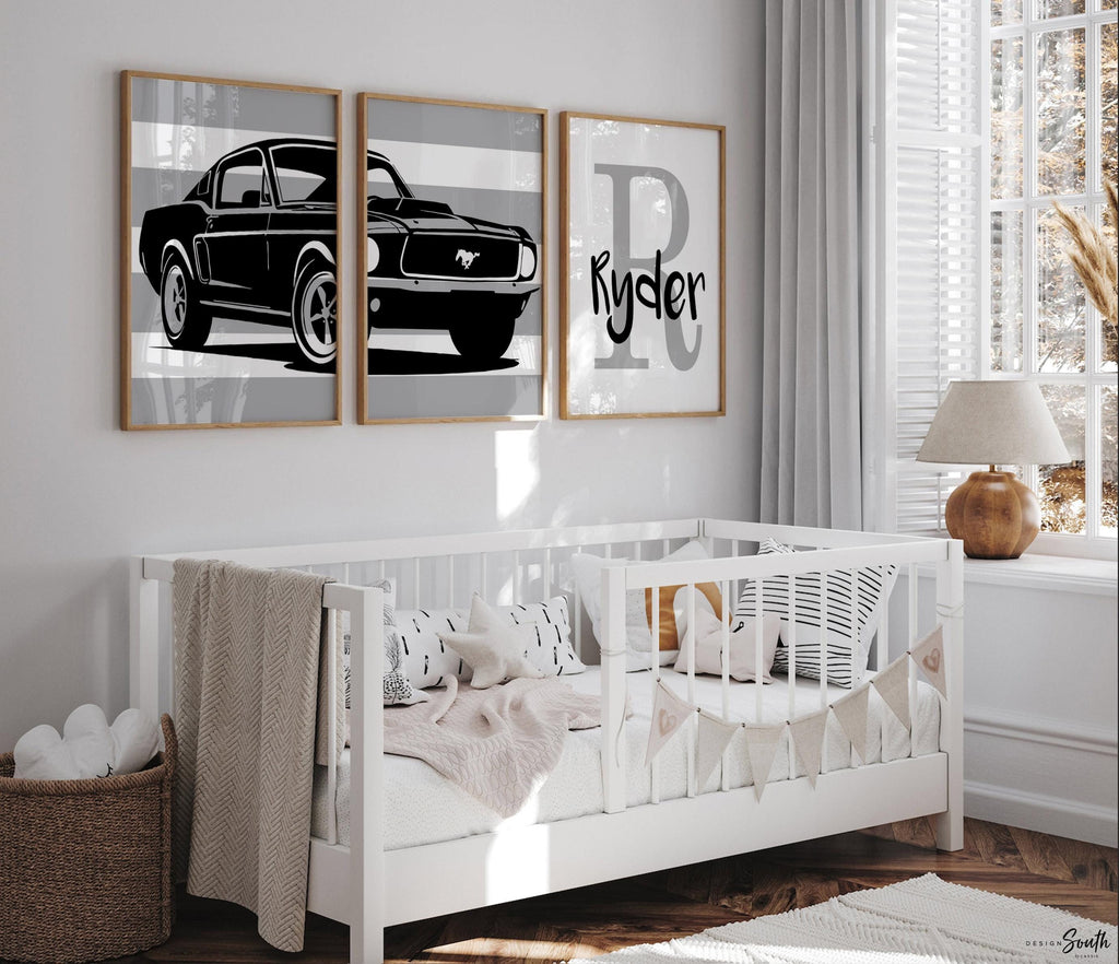 Ford Shelby Mustang 1967 wall art print set perfect for a baby or child’s room. Personalized with your child&#39;s name, this classic muscle car decor brings a vintage automotive vibe to a boy’s nursery or kid’s room. Featuring the iconic Shelby Mustang, the set of three prints adds a stylish and timeless touch to any young car enthusiast’s space. Ideal for boys&#39; room wall art or as a unique, thoughtful gift for birthdays, baby showers, or new parents.