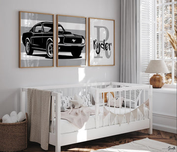 Ford Shelby Mustang 1967 wall art print set perfect for a baby or child’s room. Personalized with your child&#39;s name, this classic muscle car decor brings a vintage automotive vibe to a boy’s nursery or kid’s room. Featuring the iconic Shelby Mustang, the set of three prints adds a stylish and timeless touch to any young car enthusiast’s space. Ideal for boys&#39; room wall art or as a unique, thoughtful gift for birthdays, baby showers, or new parents.