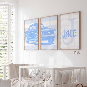 Baby blue Ford Mustang Shelby 1967 wall art print set designed for baby boys’ nurseries or toddler rooms. This set of three prints features the classic muscle car in soft blue hues, adding a cool and stylish automotive touch to any boy’s space. Perfect for a personalized nursery, toddler’s bedroom, or as a unique baby shower gift. The baby blue shades bring a fun, timeless twist to the iconic car, creating a one-of-a-kind decor piece that complements modern design.