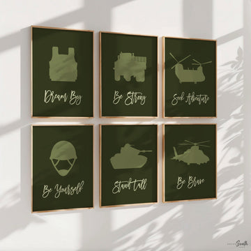 Add a touch of adventure and strength to your child&#39;s room with this boys&#39; army-themed art collection. Perfect for military-themed bedrooms, this decor features powerful military vehicles and soldier poster art, inspiring courage and bravery. Ideal for boys who love action and adventure, these prints bring a sense of heroism and pride to any space. A great addition to army-themed rooms or play areas, sparking imagination and a spirit of adventure in your little one.