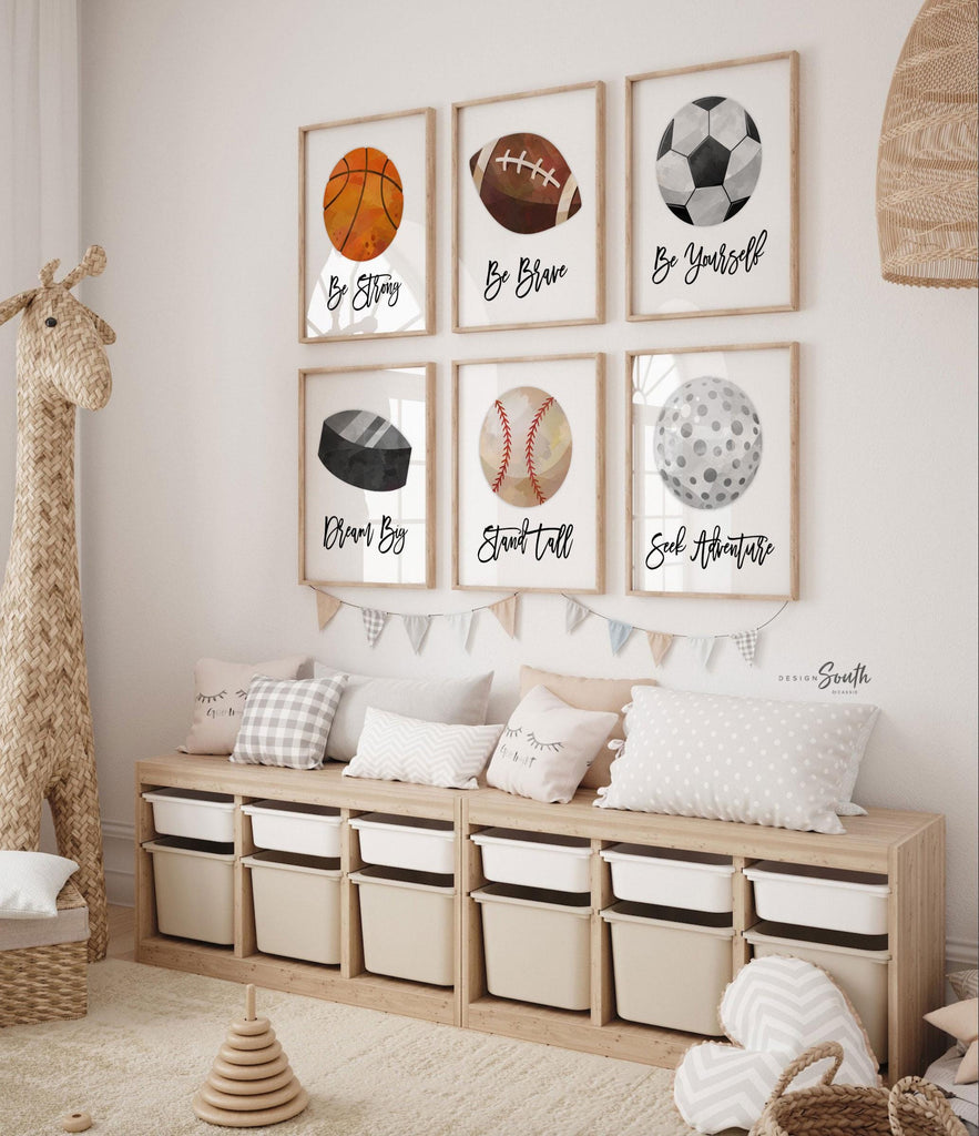Inspire energy and confidence with this sports boys room wall art set, designed to motivate and decorate in style. Perfect for toddlers and kids, this modern collection includes inspirational messages paired with bold sports themes, ideal for bedrooms, playrooms, or shared spaces. Featuring various sports elements, this wall decor adds a dynamic and encouraging touch to any room. A great choice for modern sports-themed decorations for active and sports-loving boys.