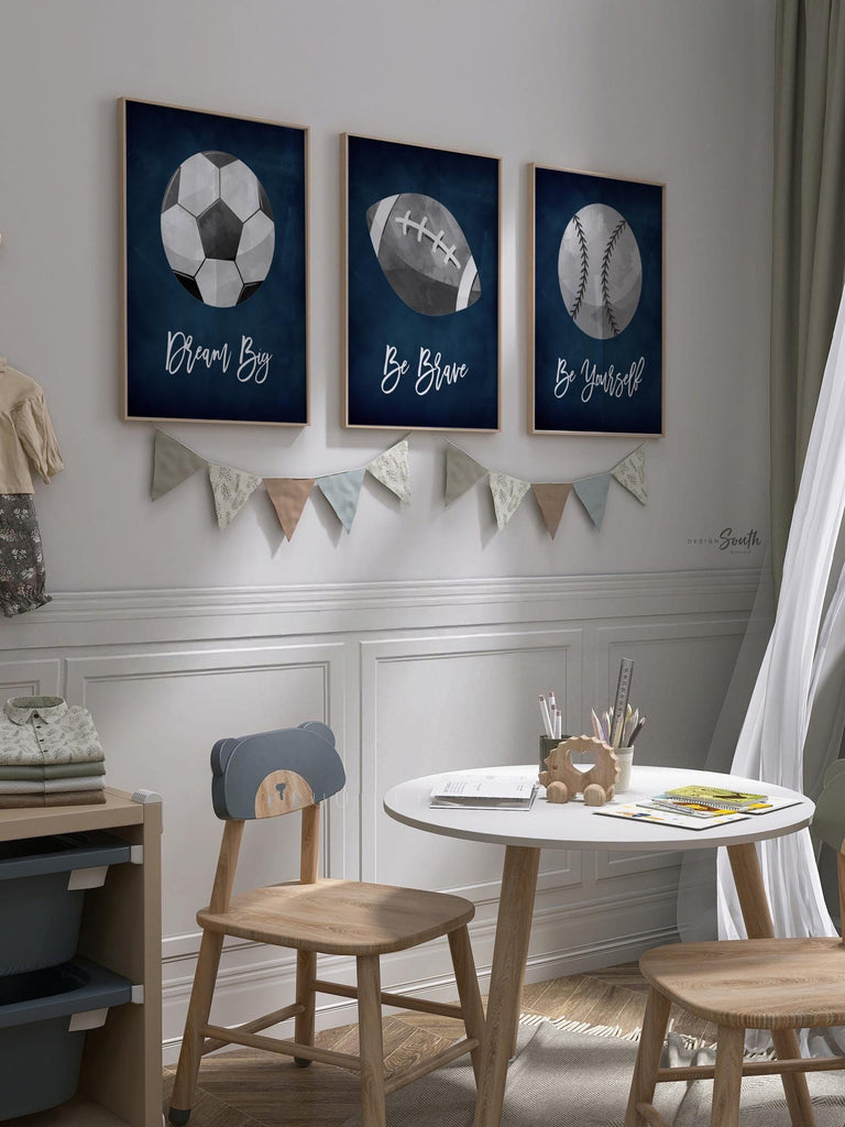 Decorative wall art featuring navy blue and gray sports-themed prints for a boys’ room or nursery. Perfect for a sports-themed birthday gift, party, or bedroom decor. Includes designs suitable for kids’ sports rooms, with playful illustrations and modern navy gray color scheme.