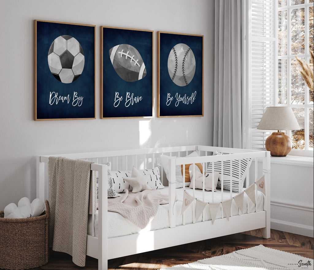 Decorative wall art featuring navy blue and gray sports-themed prints for a boys’ room or nursery. Perfect for a sports-themed birthday gift, party, or bedroom decor. Includes designs suitable for kids’ sports rooms, with playful illustrations and modern navy gray color scheme.