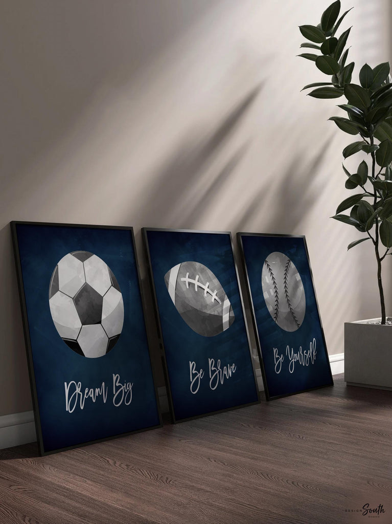 Decorative wall art featuring navy blue and gray sports-themed prints for a boys’ room or nursery. Perfect for a sports-themed birthday gift, party, or bedroom decor. Includes designs suitable for kids’ sports rooms, with playful illustrations and modern navy gray color scheme.