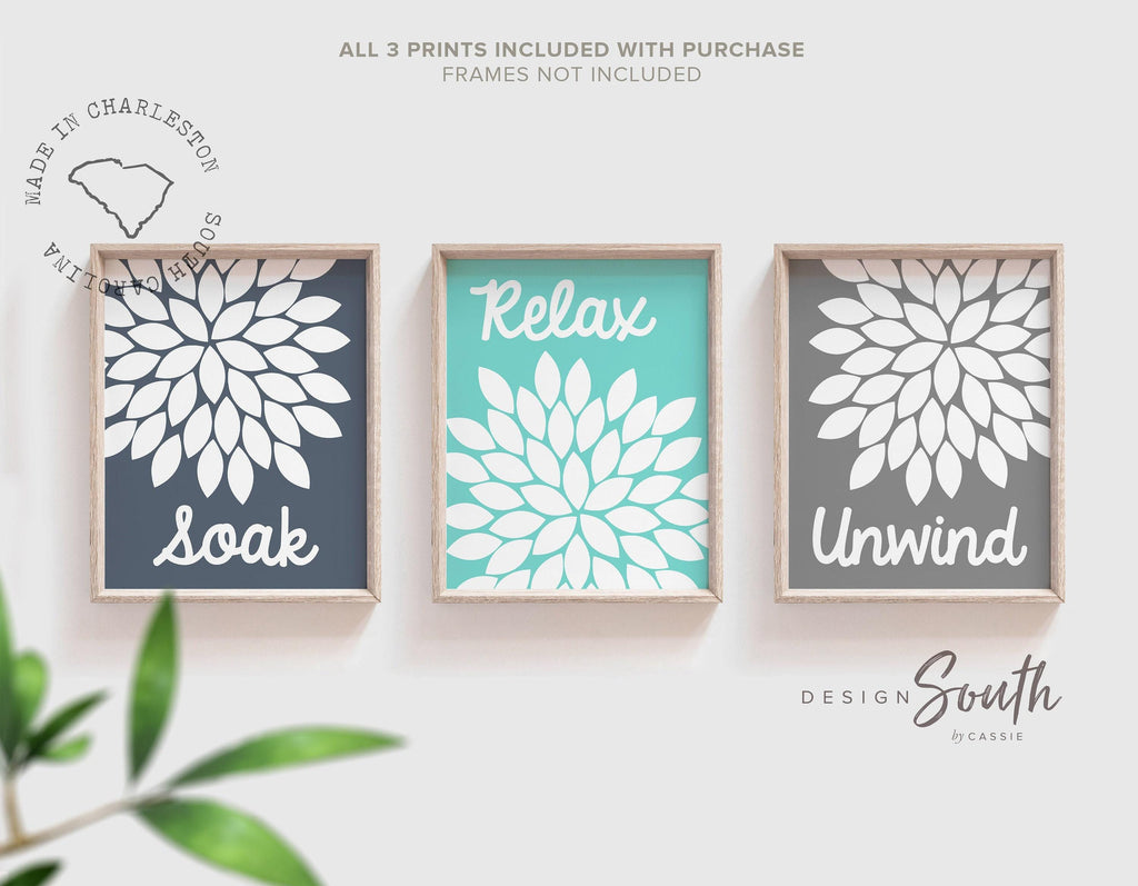 Bathroom wall decor, soak, relax, unwind, flower art for bathroom, adult bathroom art, children's wall art, bathroom flower art, flower art