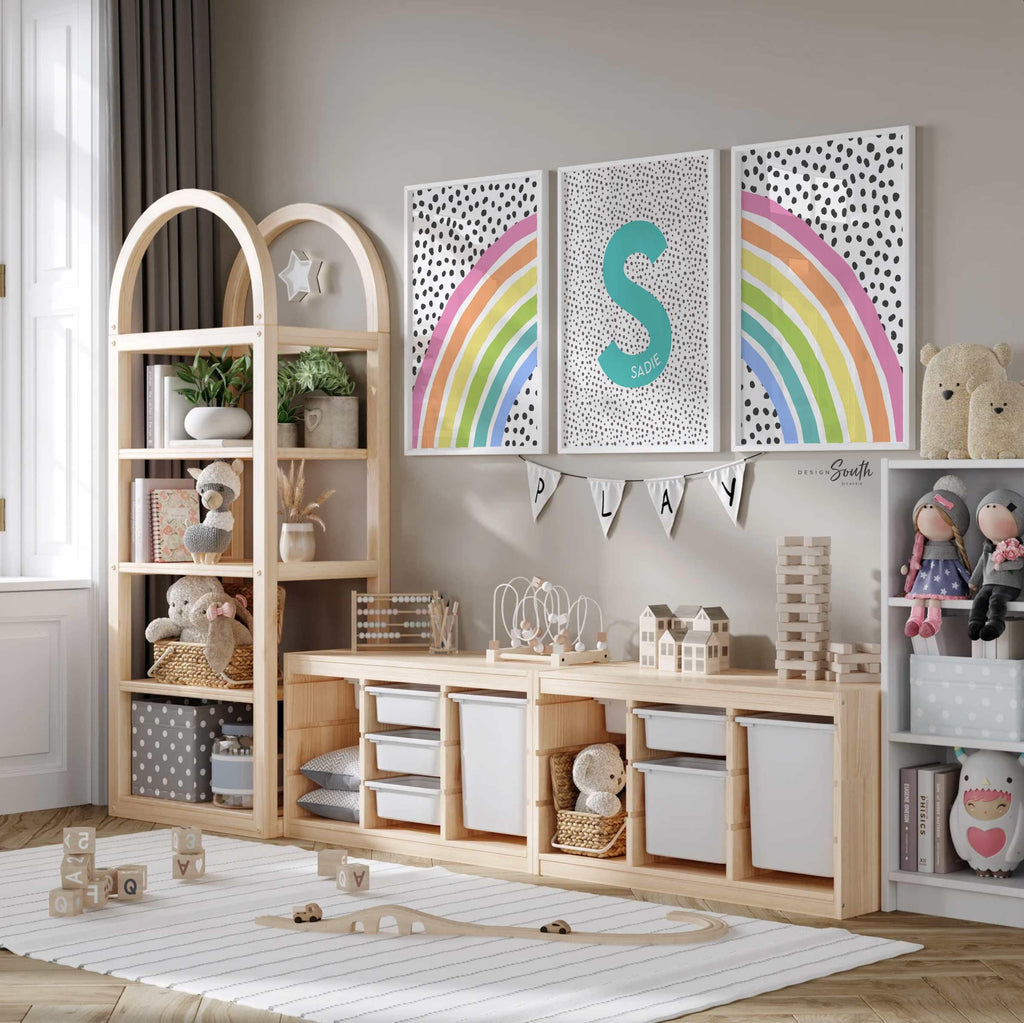 Pastel rainbow art print featuring a personalized name design, perfect for a little girl&#39;s room or baby nursery. This soft and colorful decor adds a whimsical and cheerful touch to any pastel rainbow-themed space. Ideal for baby showers, birthdays, or new arrivals, the gentle rainbow tones create a calming and joyful atmosphere. A sweet and thoughtful accent for a nursery or child’s bedroom with a pastel rainbow decor theme.