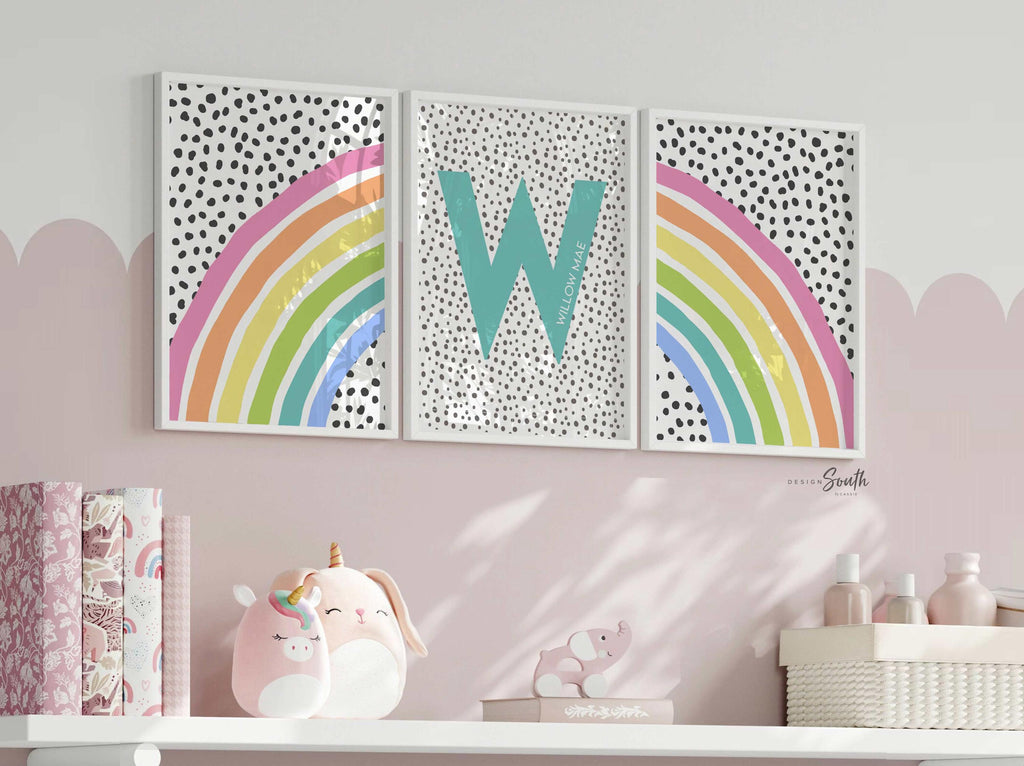 Pastel rainbow art print featuring a personalized name design, perfect for a little girl&#39;s room or baby nursery. This soft and colorful decor adds a whimsical and cheerful touch to any pastel rainbow-themed space. Ideal for baby showers, birthdays, or new arrivals, the gentle rainbow tones create a calming and joyful atmosphere. A sweet and thoughtful accent for a nursery or child’s bedroom with a pastel rainbow decor theme.