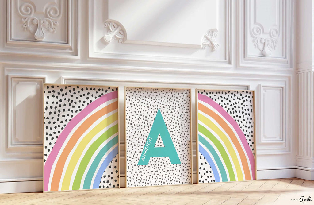 Pastel rainbow art print featuring a personalized name design, perfect for a little girl&#39;s room or baby nursery. This soft and colorful decor adds a whimsical and cheerful touch to any pastel rainbow-themed space. Ideal for baby showers, birthdays, or new arrivals, the gentle rainbow tones create a calming and joyful atmosphere. A sweet and thoughtful accent for a nursery or child’s bedroom with a pastel rainbow decor theme.