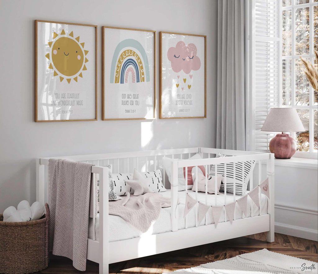 Christian nursery wall decor featuring inspirational Bible verse wall art, perfect for a baby’s nursery, child’s bedroom, or church nursery. These faith-based prints bring a spiritual and comforting presence to the space, offering uplifting scripture in a soft, kid-friendly design. Ideal for creating a peaceful, meaningful atmosphere rooted in Christian values, this wall art complements any religious-themed nursery or bedroom decor.