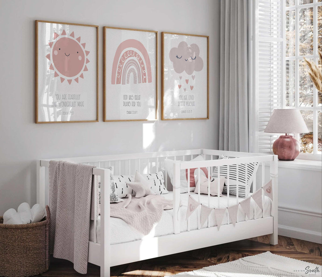 Christian nursery wall decor featuring inspirational Bible verse wall art, perfect for a baby’s nursery, child’s bedroom, or church nursery. These faith-based prints bring a spiritual and comforting presence to the space, offering uplifting scripture in a soft, kid-friendly design. Ideal for creating a peaceful, meaningful atmosphere rooted in Christian values, this wall art complements any religious-themed nursery or bedroom decor.
