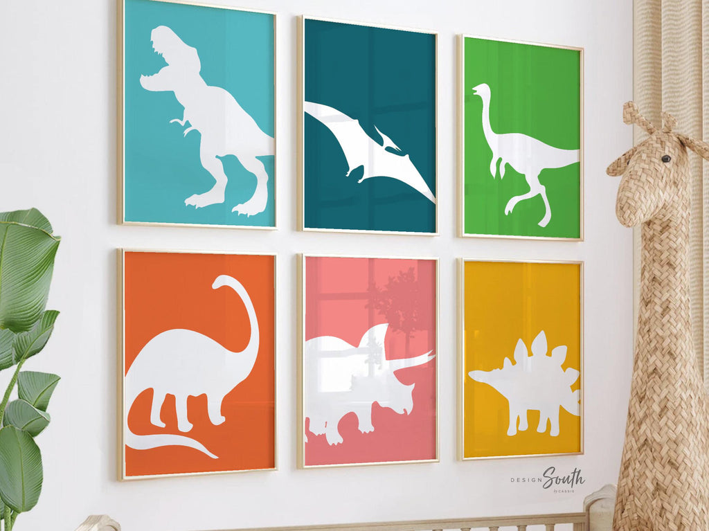 Colorful dinosaur art, bright colored dinosaurs, toddler dinosaur art, dinosaur children bedroom wall art prints, gallery wall dinosaur art
