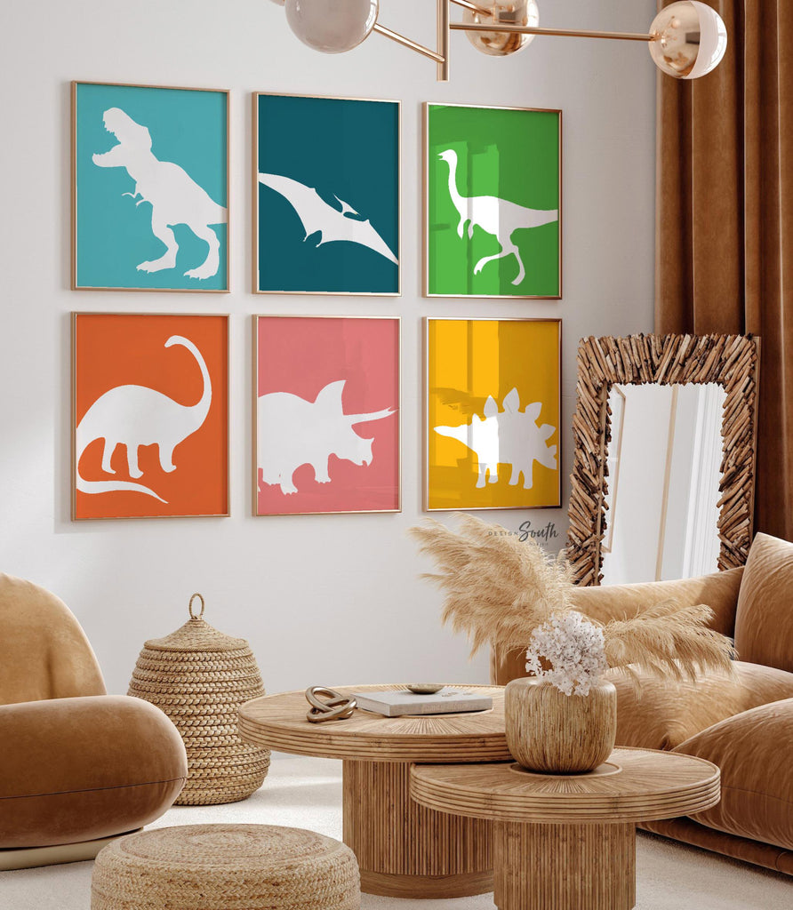 Colorful dinosaur art, bright colored dinosaurs, toddler dinosaur art, dinosaur children bedroom wall art prints, gallery wall dinosaur art