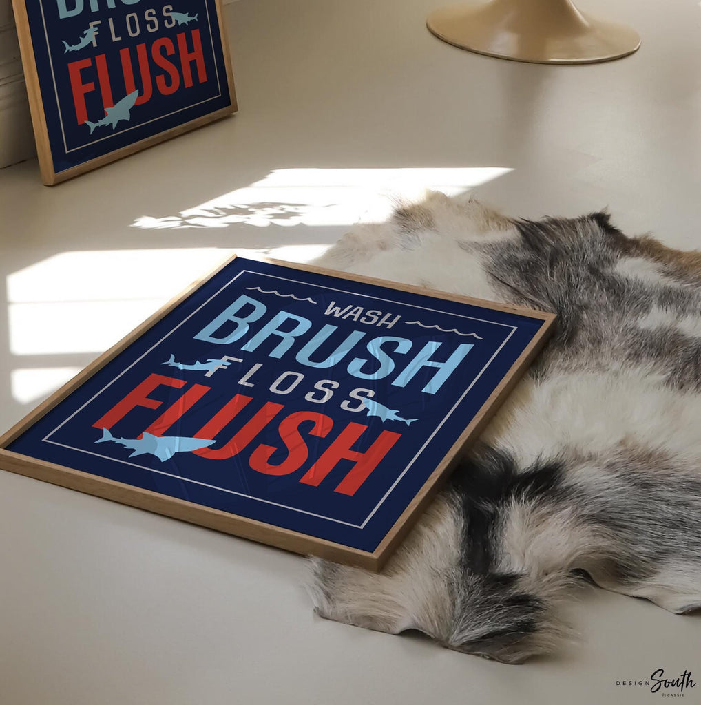 Shark bathroom decor, wash, brush, floss, flush, bathroom print, shark theme bathroom, boys bathroom print, blue and red, bathroom decor