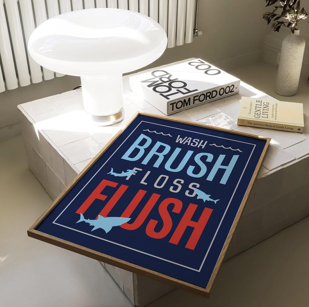 Shark bathroom decor, wash, brush, floss, flush, bathroom print, shark theme bathroom, boys bathroom print, blue and red, bathroom decor