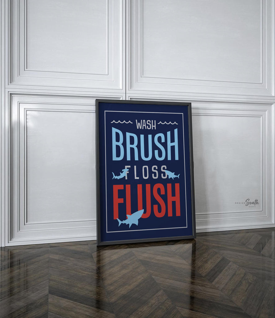 Shark bathroom decor, wash, brush, floss, flush, bathroom print, shark theme bathroom, boys bathroom print, blue and red, bathroom decor