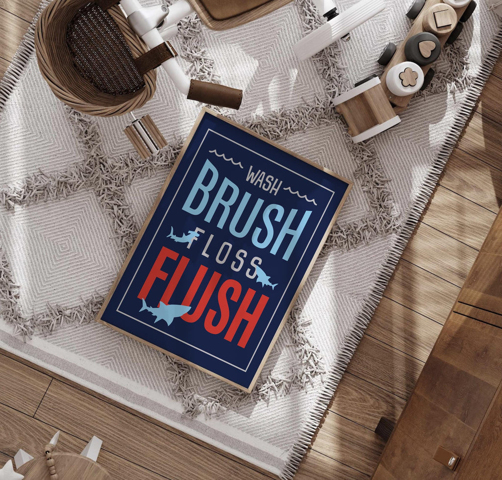 Shark bathroom decor, wash, brush, floss, flush, bathroom print, shark theme bathroom, boys bathroom print, blue and red, bathroom decor