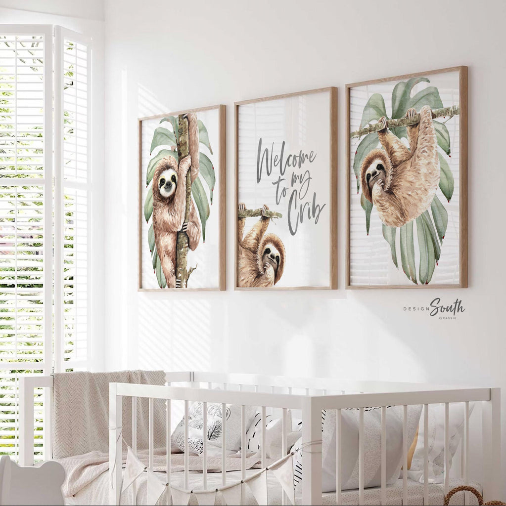 Sloth wall art set featuring adorable sloths, perfect for a sloth-themed baby nursery or toddler’s room. Includes tropical rainforest-inspired decor with green and gray neutral tones. Great for creating a relaxing, whimsical space. Ideal for newborns, infants, and toddlers, this sloth nursery art set complements modern baby room decor and brings a playful, cozy vibe. Perfect baby shower gift for animal lovers and jungle-themed nurseries.