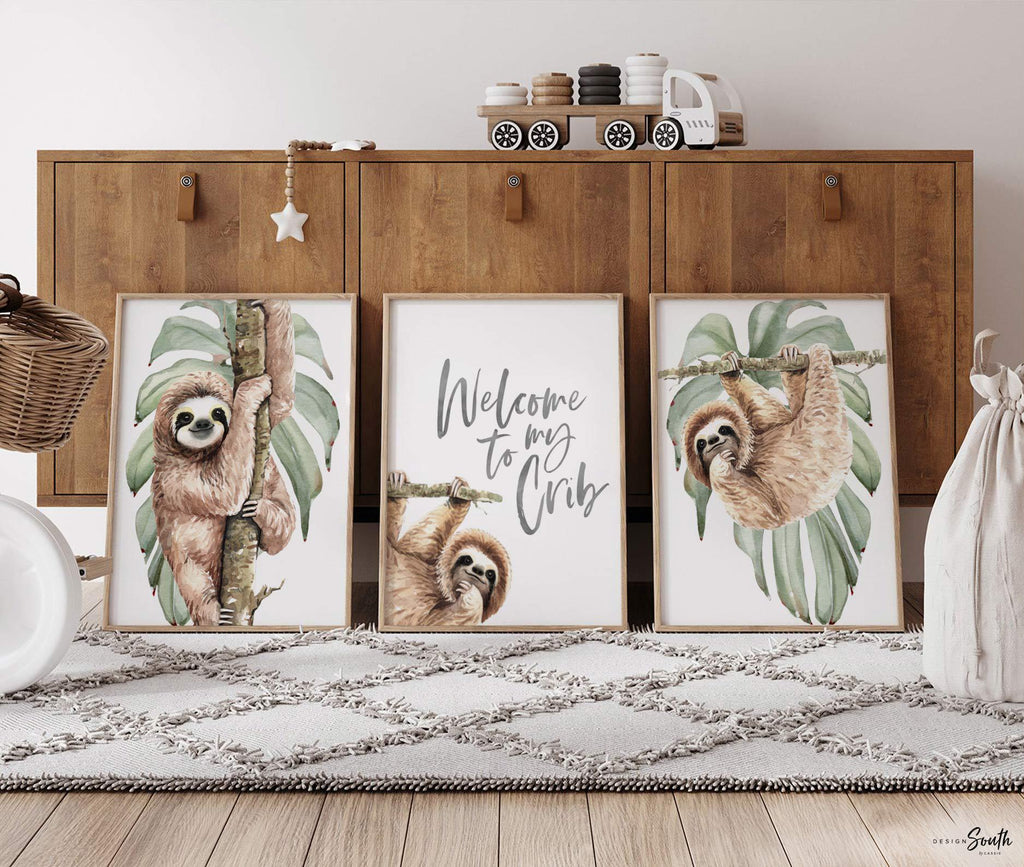 Sloth wall art set featuring adorable sloths, perfect for a sloth-themed baby nursery or toddler’s room. Includes tropical rainforest-inspired decor with green and gray neutral tones. Great for creating a relaxing, whimsical space. Ideal for newborns, infants, and toddlers, this sloth nursery art set complements modern baby room decor and brings a playful, cozy vibe. Perfect baby shower gift for animal lovers and jungle-themed nurseries.