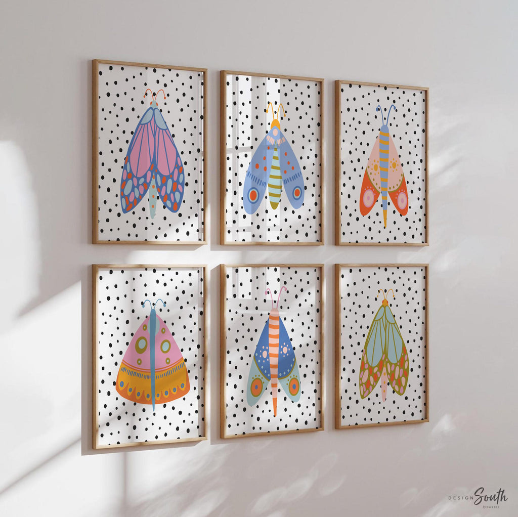 Butterfly art print set featuring colorful and whimsical designs, perfect for a butterfly-themed nursery or girls’ bedroom. These prints add a bright, playful touch to any nursery decor, with vibrant hues that spark joy and imagination. Ideal for creating a fun, inviting atmosphere in a child&#39;s room. Suitable for wall art in a nursery, playroom, or even a baby shower gift. Adds a charming, nature-inspired theme to a baby girl’s space.