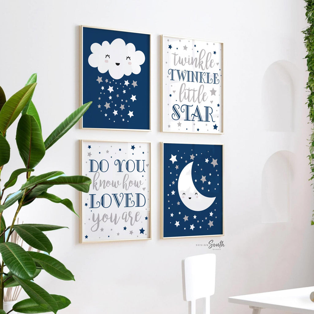 Moon and stars nursery wall art set in navy blue and gray, perfect for a celestial-themed baby boy nursery. Features moon, stars, and clouds, adding a whimsical and dreamy touch to any child&#39;s room. Ideal baby boy art, this star and moon decor brings a calming, magical vibe to a nursery, playroom, or toddler&#39;s room. Beautiful celestial art wall decor that complements modern nursery themes, creating a cozy and imaginative space for your little one.
