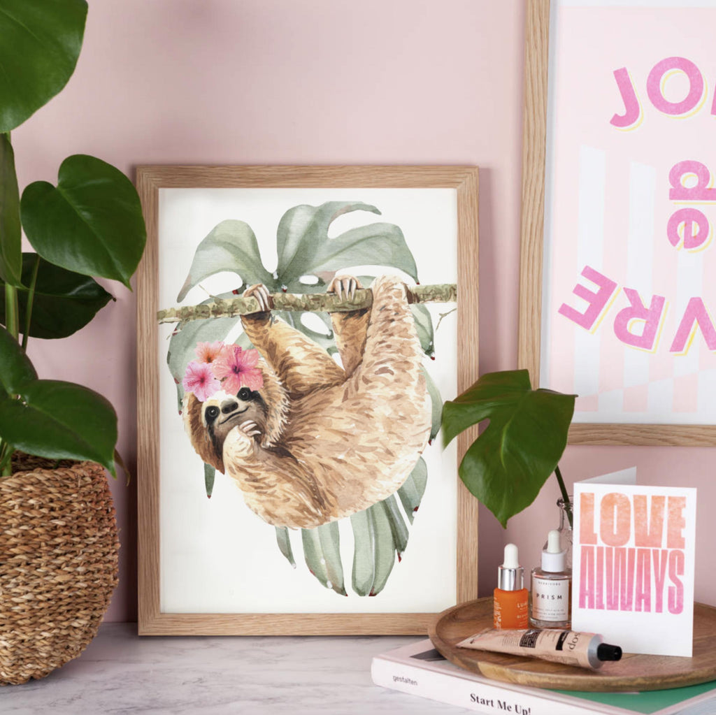 Girl sloth wall art set, sloth themed baby girl nursery, sloth nursery ideas for girl, personalized girl's name sloth tropical room decor