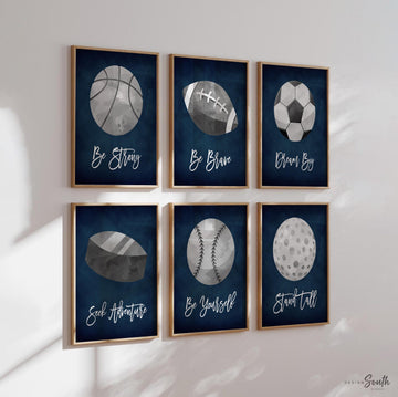 Navy blue and gray sports-themed wall art prints perfect for a boys’ bedroom or nursery. Features various sports elements designed to inspire a love of athletics in kids. Great for a sports-themed boys’ room or as a birthday party gift. Ideal for decorating a baby boy’s nursery or older boy’s sports-themed room with a modern navy and gray color palette. Adds a playful and energetic touch to any space, creating a fun, active environment.