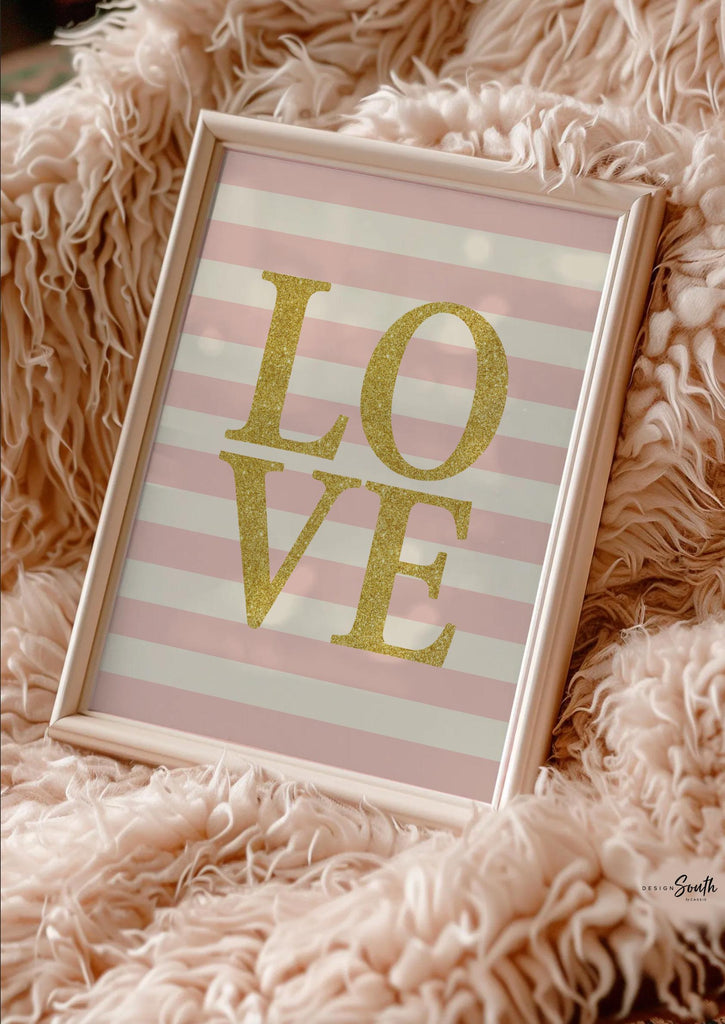 Love print, gold and pink love print, girls nursery decor, pink and gold, girls love nursery, girls nursery art, stripes, bathroom print